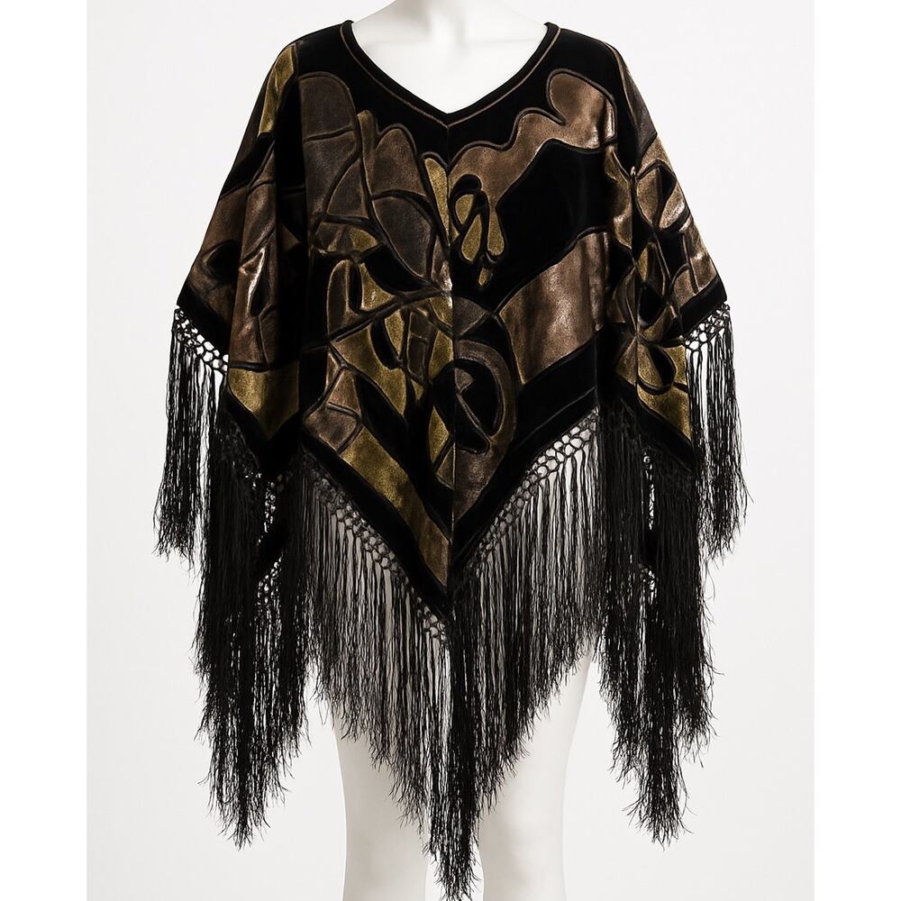 Velvet Burnout Poncho With Fringe Hem & Bold Abstract Multicolor Design Silk OS